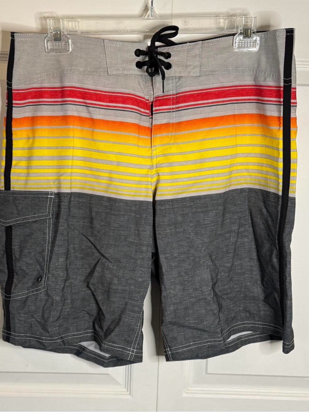 Mossimo Supply Co. Gray Board Shorts With Red-Orange-Yellow Stripe
